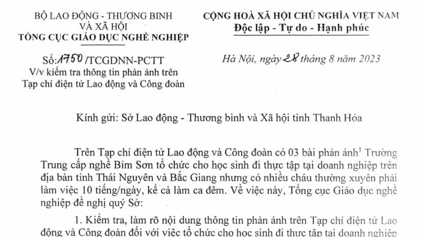 Vụ học sinh bị làm công nhân: Tổng cục  Giáo dục nghề nghiệp có trách nhiệm báo cáo