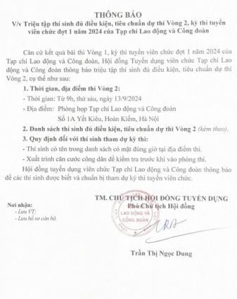 Triệu tập thí sinh đủ điều kiện dự thi Vòng 2 kỳ thi tuyển viên chức Tạp chí Lao động và Công đoàn