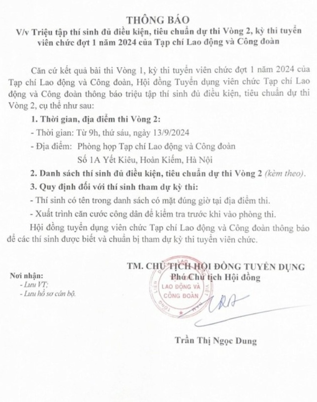 Triệu tập thí sinh đủ điều kiện dự thi Vòng 2 kỳ thi tuyển viên chức Tạp chí Lao động và Công đoàn